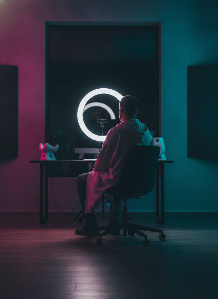 Silhouette assise face à un anneau lumineux, vue de dos