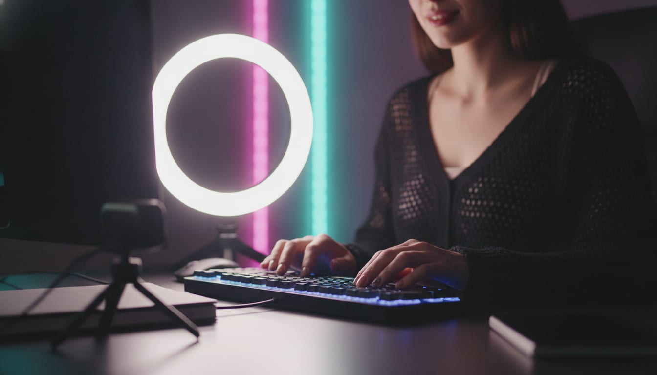Clavier rétroéclairé et webcam sur un petit trépied, arrière-plan flou