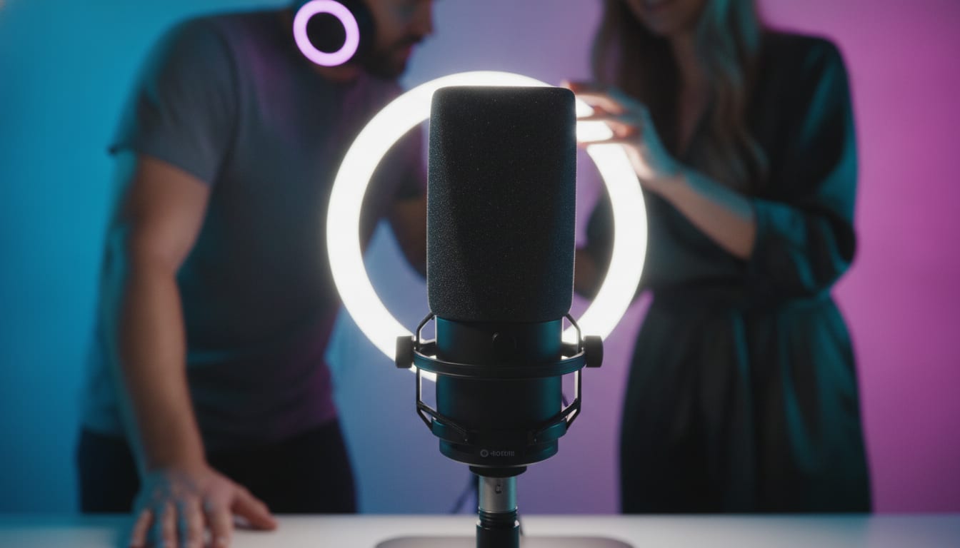 Micro de studio monté sur pied avec bonnette en mousse, lumière colorée rasante