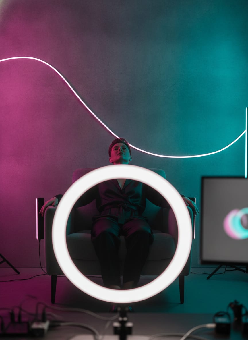 Bandeau LED derrière un fauteuil, dégradé magenta et cyan
