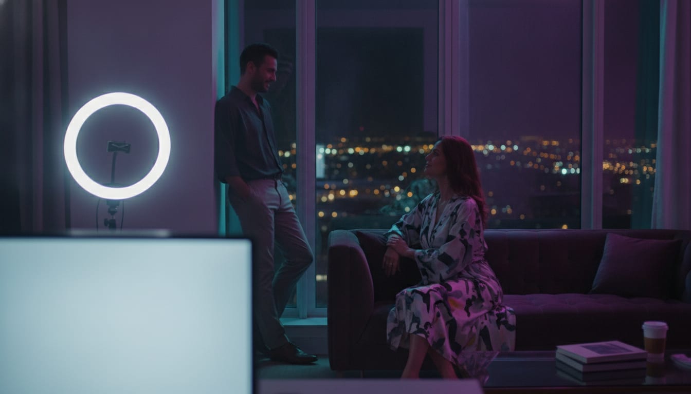 Fenêtre d’appartement la nuit vue de l’intérieur, pièce éclairée en couleur