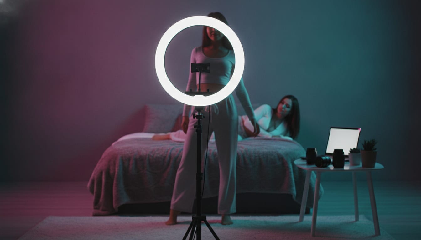 Coin de chambre aménagé en studio, anneau lumineux sur pied